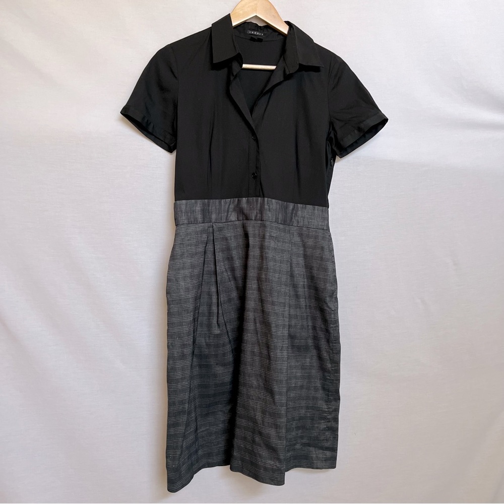 Theory Black Top with Gray Plaid Skirt Shirtwaist Dress